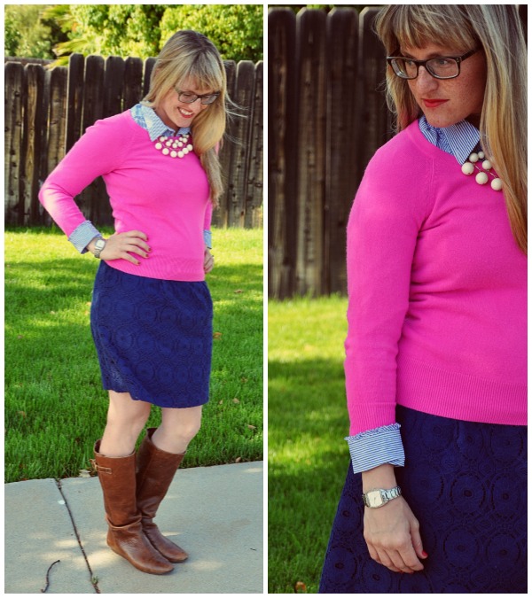 pink sweater blue skirt collage 1