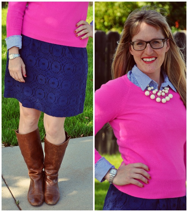 pink sweater blue skirt collage 2